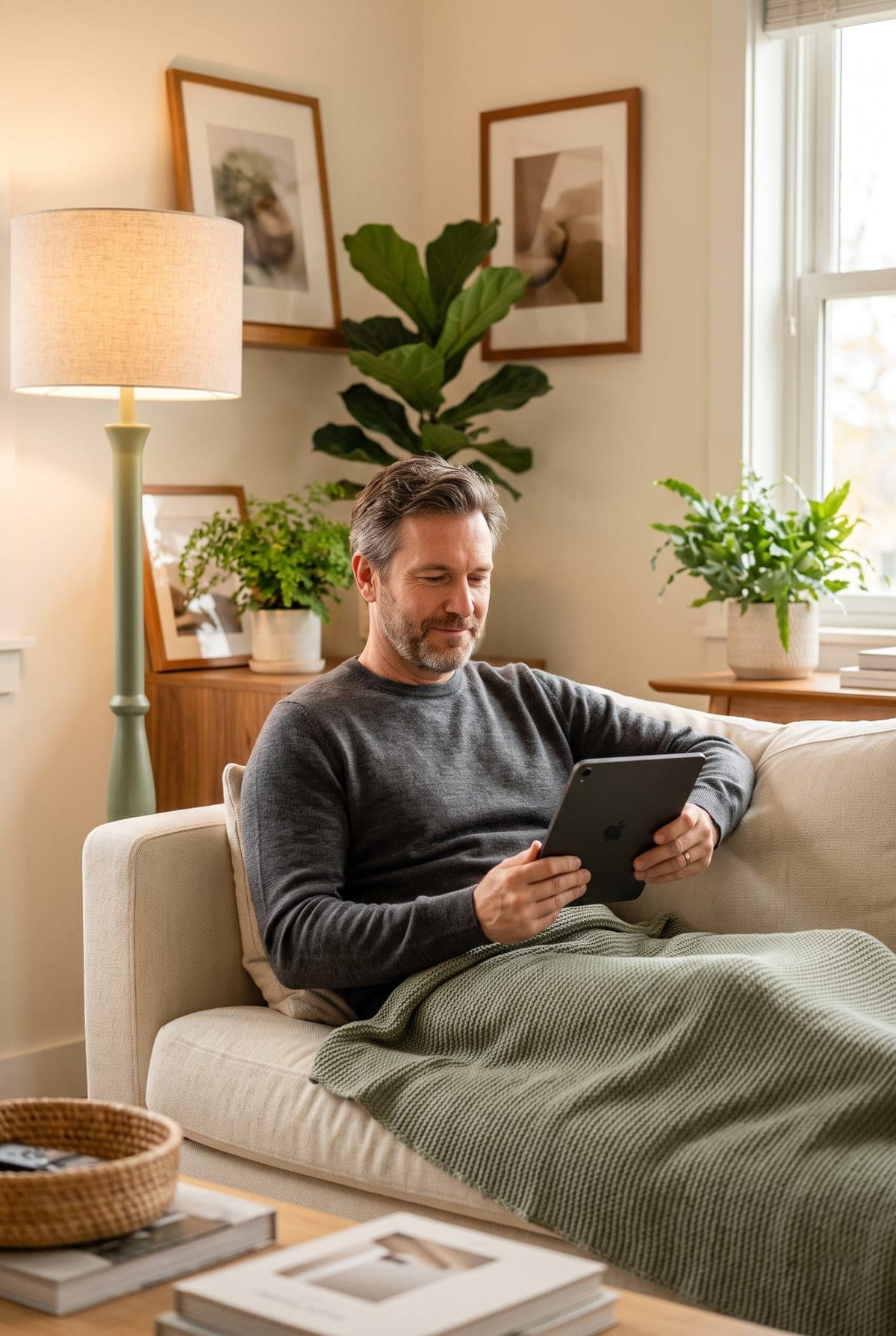 Un propriétaire consulte sereinement sa tablette, installé dans un salon cosy et lumineux.